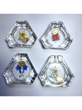 Bohemia Glass Floral Ashtray Set 4 Vintage Hexagon Czech Trinket Dish Ring Tray